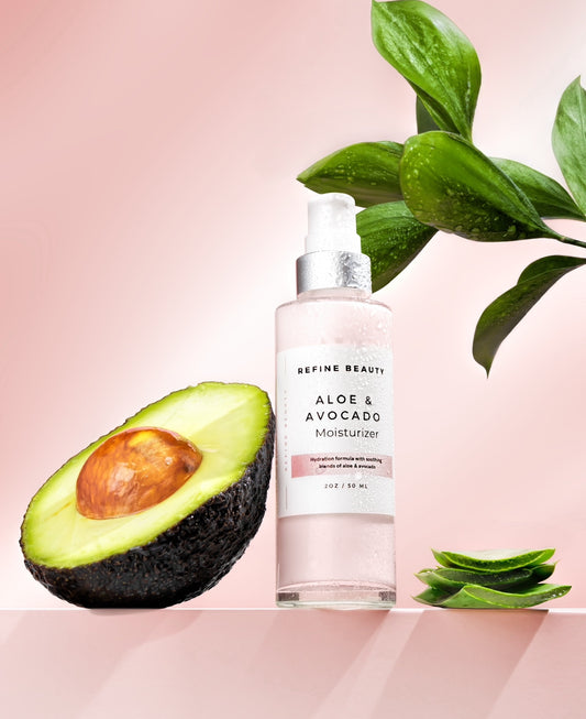 Aloe & Avocado moisturizer with avocado on a pink background