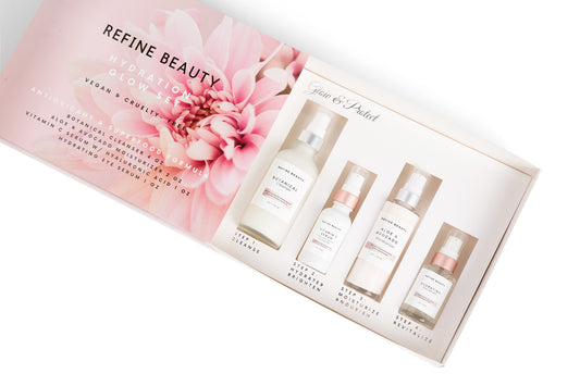 Refine Beauty Hydration set including Botanical Cleanser, Hydrating Eye Serum, Vitamin C Serum with Hyaluronic Acid + Niacinamide, and Aloe & Avocado Moisturizer