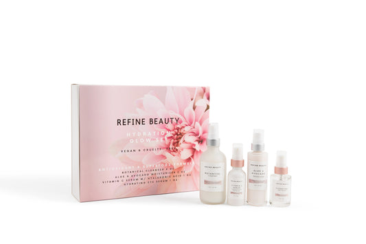 Refine Beauty Hydration set including Botanical Cleanser, Hydrating Eye Serum, Vitamin C Serum with Hyaluronic Acid + Niacinamide, and Aloe & Avocado Moisturizer