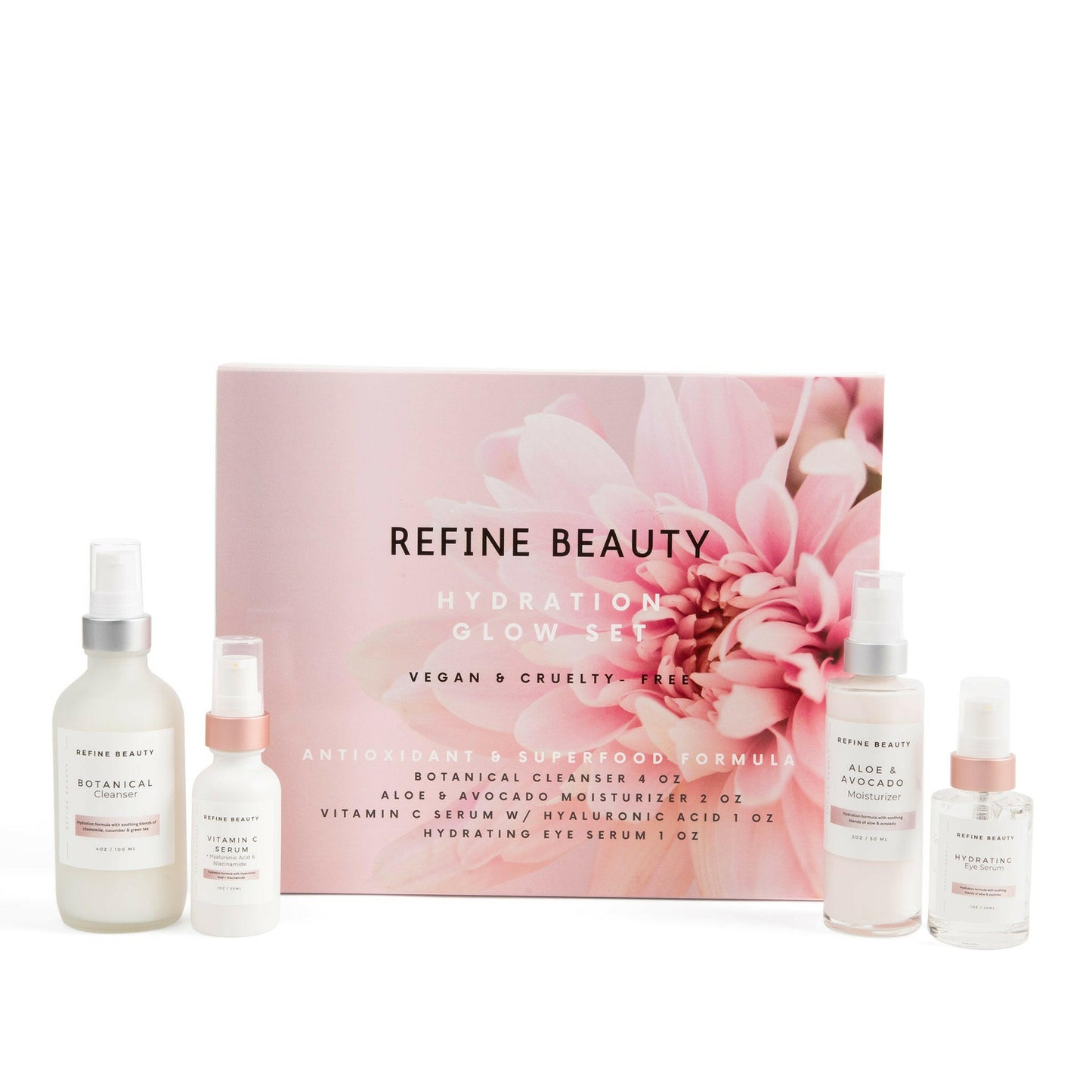 Hydration Glow set featuring the Botanical Cleanser, Aloe & Avocado moisturizer, Hydrating Eye Serum and Vitamin C Serum with Hyaluronic Acid and Niacinamide 