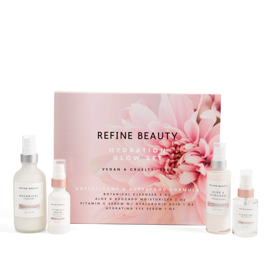 Hydration Glow set featuring the Botanical Cleanser, Aloe & Avocado moisturizer, Hydrating Eye Serum and Vitamin C Serum with Hyaluronic Acid and Niacinamide 