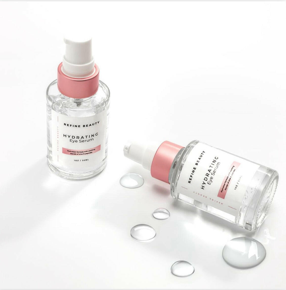 Hydrating Eye Serum - an oil-free, transparent liquid that reduces dark circles and improves the firmness and tone of the delicate eye area. Our formula utilizes peptides and cucumber to tighten and firm the skin; 2 serums with texture drops